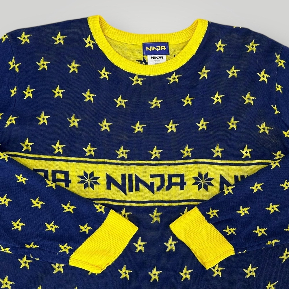 NEW Ninja Sweater Mens 3XL Blue Yellow Star Pattern Ugly Christmas Acrylic NWT - Picture 3 of 6